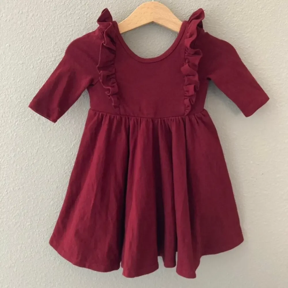 Remie Girl Ruffle Ballet Twirl Dress - Red Maroon Burgundy - 18-24M